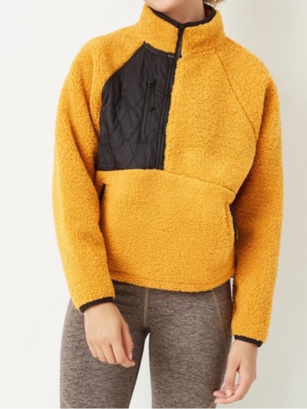 JoyLab Mustard Yellow Sherpa Pullover‎ with Black Quilted Accents. Large. NWT